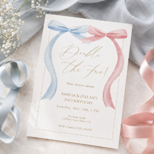 Pink blue bow Twin Birthday Invitation
