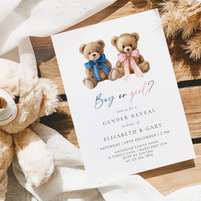 Pink & Blue Bows Bear Gender Reveal Invitation (Creator Uploaded)