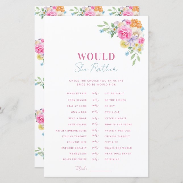 Pink Blue Bridal Shower Would She Rather Game (Front/Back)
