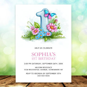 Pink Blue Butterfly Floral 1st Birthday Party Invitation