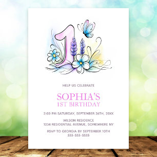 Pink Blue Butterfly Flowers 1st Birthday Party Invitation
