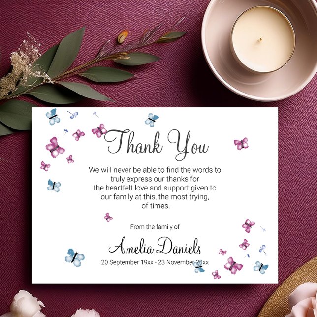 Pink Blue Butterfly Funeral Thank You Card (Creator Uploaded)