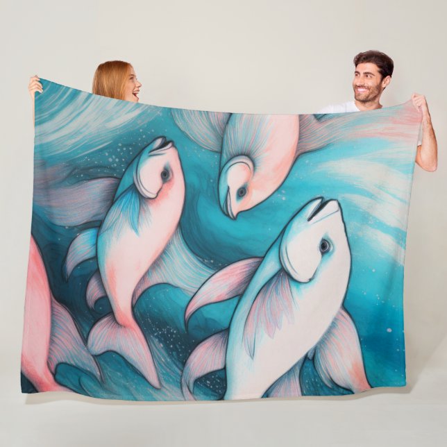 Pink Blue Chalk Drawing Fish Fleece Blanket (In Situ)
