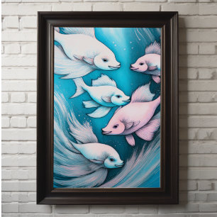 Pink Blue Chalk Drawing Fish Poster