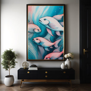 Pink Blue Chalk Drawing Fish Poster