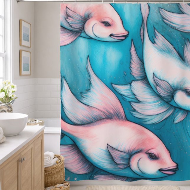 Pink Blue Chalk Drawing Fish Shower Curtain (Creator Uploaded)