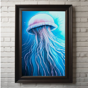 Pink Blue Chalk Drawing Jellyfish Poster