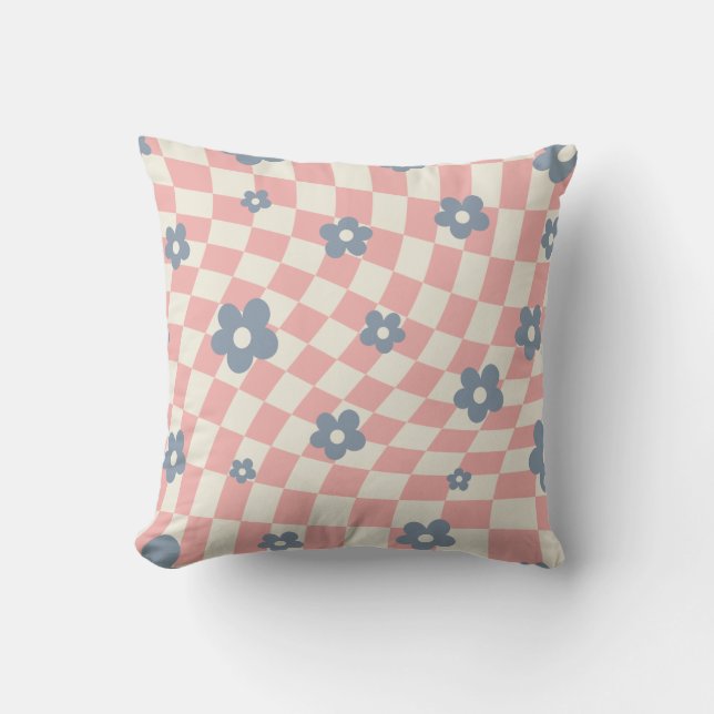 Pink Blue Chequered Floral Cushion (Front)