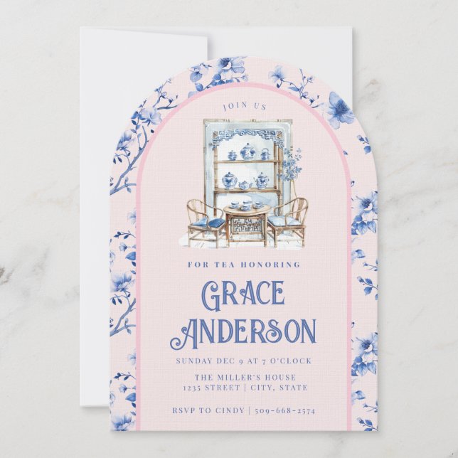  Pink & Blue Chinoiserie Tea Invitation (Front)