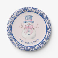 Pink & Blue Christmas Snowman W/ Damask Border