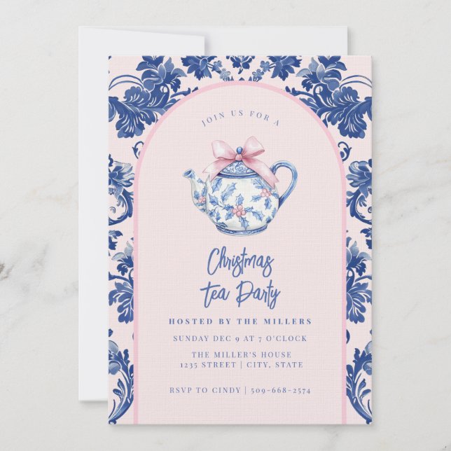 Pink & Blue Christmas Tea Party Invitation (Front)