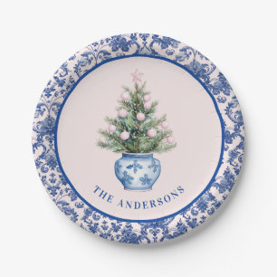 Pink & Blue Christmas Tree W/ Damask Border Paper Plate