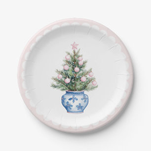 Pink & Blue Christmas Tree W Scallop Border Paper Plate