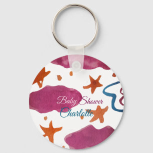 Pink blue clouds baby shower add name watercolor s key ring