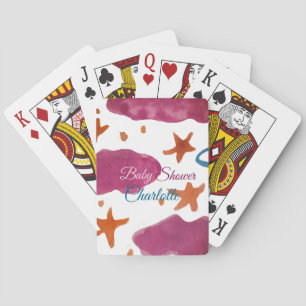 Pink blue clouds baby shower add name watercolor s playing cards