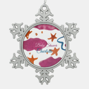 Pink blue clouds baby shower add name watercolor s snowflake pewter christmas ornament