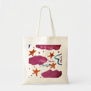 Pink blue clouds baby shower add name watercolor s tote bag