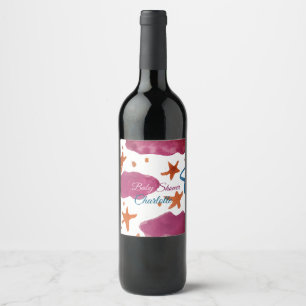 Pink blue clouds baby shower add name watercolor s wine label