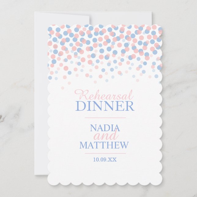 Pink blue confetti dots rehearsal dinner invites (Front)