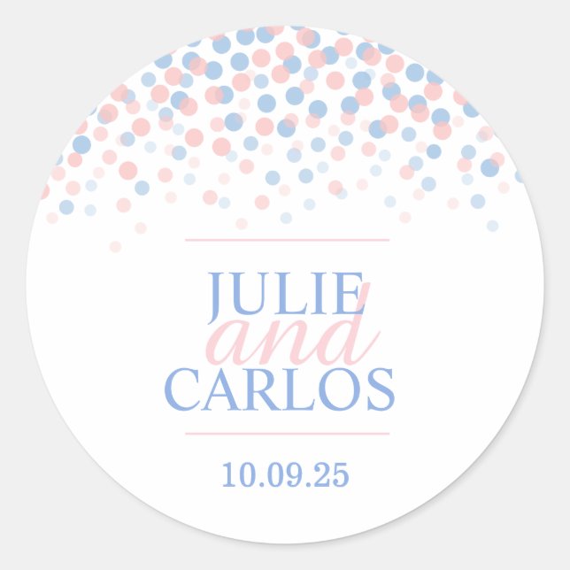Pink blue confetti falling dots wedding sticker (Front)
