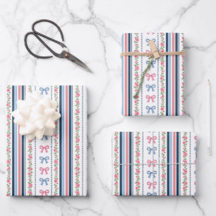 Pink Blue Coquette Bow Baby Bridal Shower Birthday Wrapping Paper Sheet