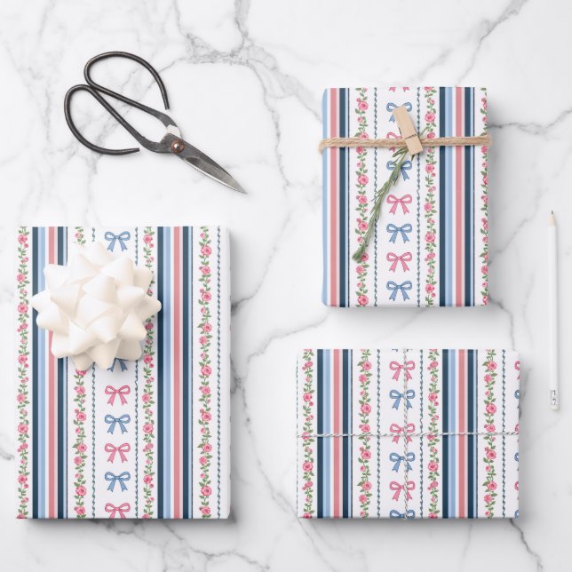 Pink Blue Coquette Bow Baby Bridal Shower Birthday Wrapping Paper Sheet (Front)