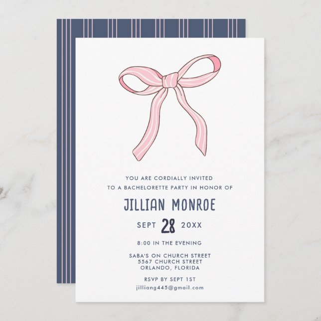 Pink Blue Coquette Bow Bachelorette Party Invitation (Front/Back)