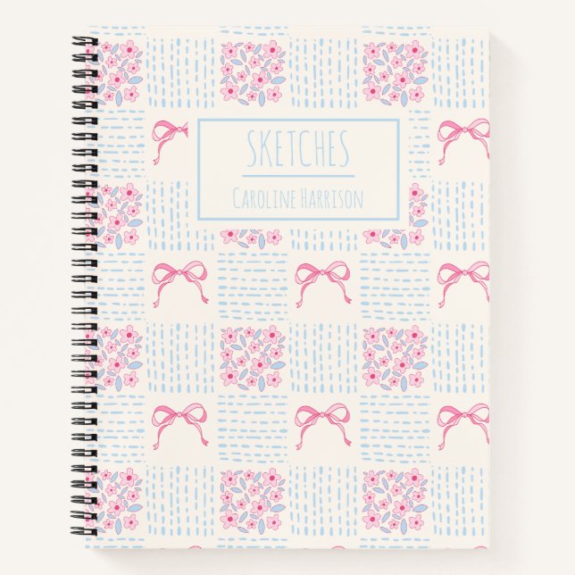 Pink Blue Coquette Bows Flowers Personalised Name Notebook (Front)