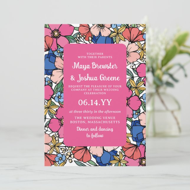 Pink Blue Coral Flowers Spring Summer Wedding Invitation (Standing Front)