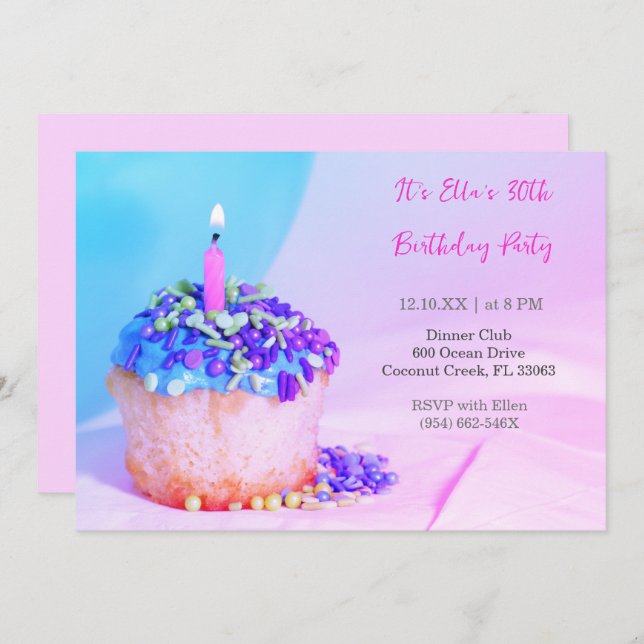 Pink Blue Cupcake Colourful 30th birthday  Invitation (Front/Back)