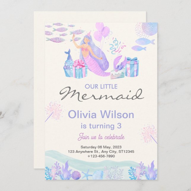 Pink Blue Cute Mermaid Under The Sea Baby Shower Invitation (Front/Back)