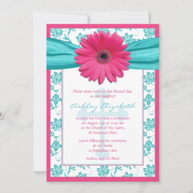 Pink Blue Daisy Damask First Communion Invitation (Front)