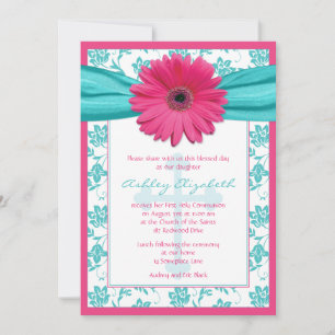 Pink Blue Daisy Damask First Communion Invitation