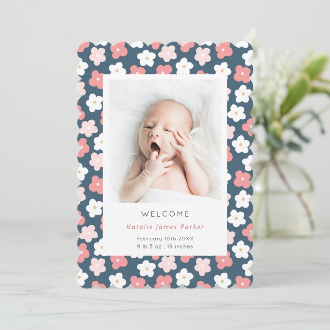 Pink Blue Daisy Flower | Cute Simple Birth Announcement (Standing Front)