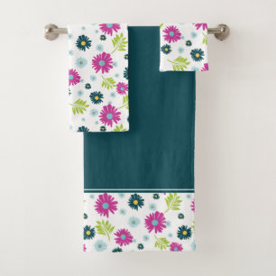 Pink Blue Daisy Flowers Drawing Green Leaf Pattern Bath Towel Set