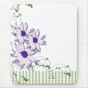 Pink Blue Daisy Flowers Green Gingham Mouse Pad