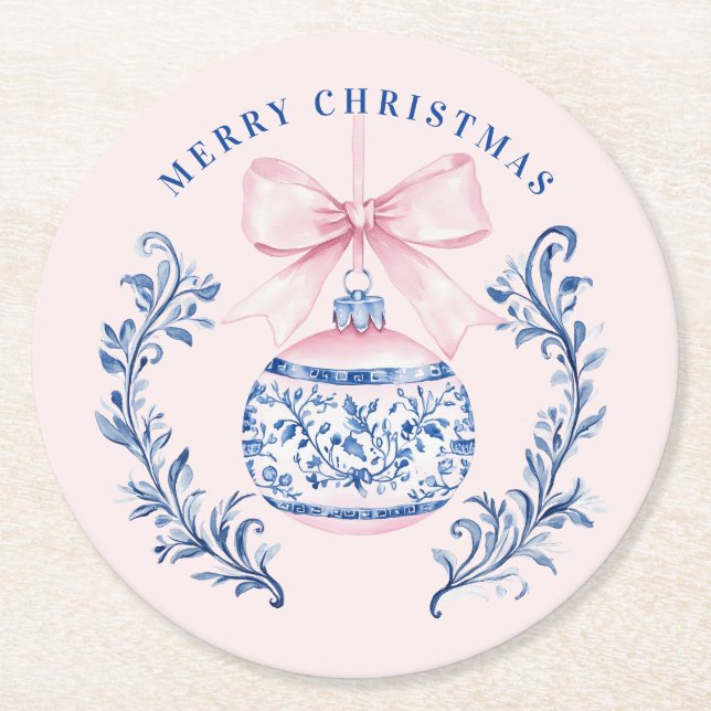 Pink & Blue Damask Crest Christmas Ornament Round Paper Coaster (Front)