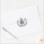 Pink & Blue Damask Crest Christmas Tree Classic Round Sticker<br><div class="desc">This Christmas sticker design has a preppy grandmillennial design featuring a Christmas tree in a blue and white Chinoiserie pot on a blush pink background.</div>