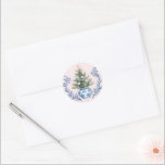 Pink & Blue Damask Crest Christmas Tree Classic Round Sticker<br><div class="desc">This Christmas sticker design has a preppy grandmillennial design featuring a Christmas tree in a blue and white Chinoiserie pot on a blush pink background.</div>