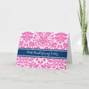Pink Blue Damask Thank You Bridesmaid Sister Card