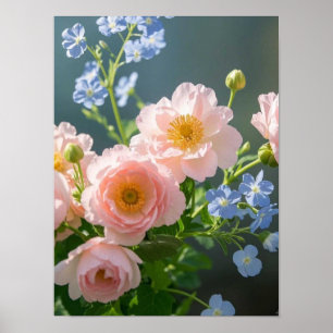 Pink Blue delicate flowers  Poster