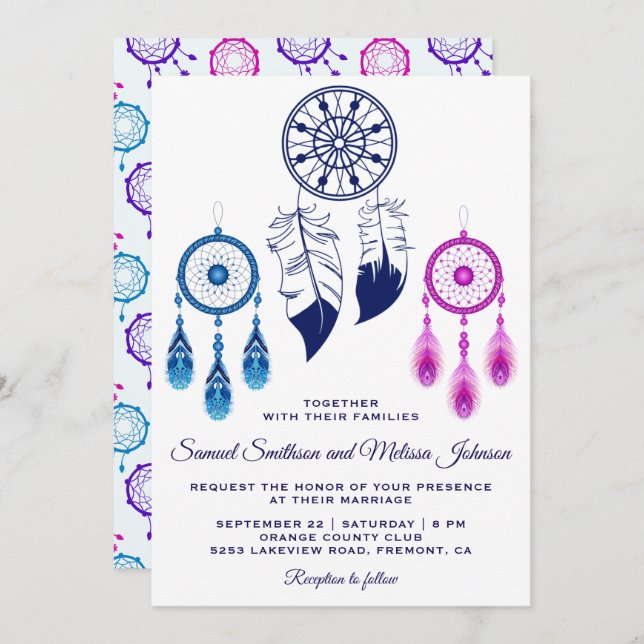 Pink Blue Dream Catcher Wedding Invitation (Front/Back)