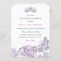 Pink Blue Elegant Crystal Quinceanera Invite