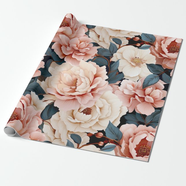 Pink Blue Elegant floral Pattern Blush Wrapping Paper (Unrolled)