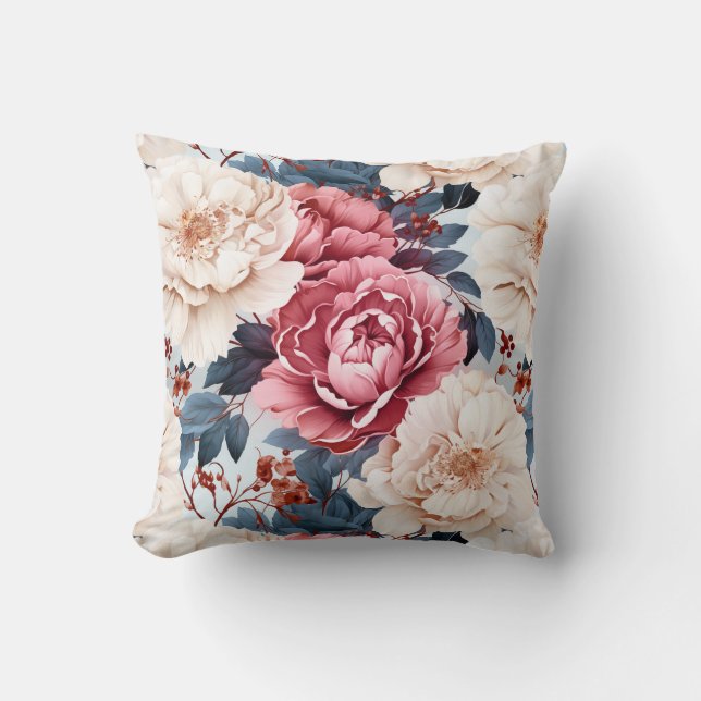 Pink Blue elegant floral roses pattern  Cushion (Front)