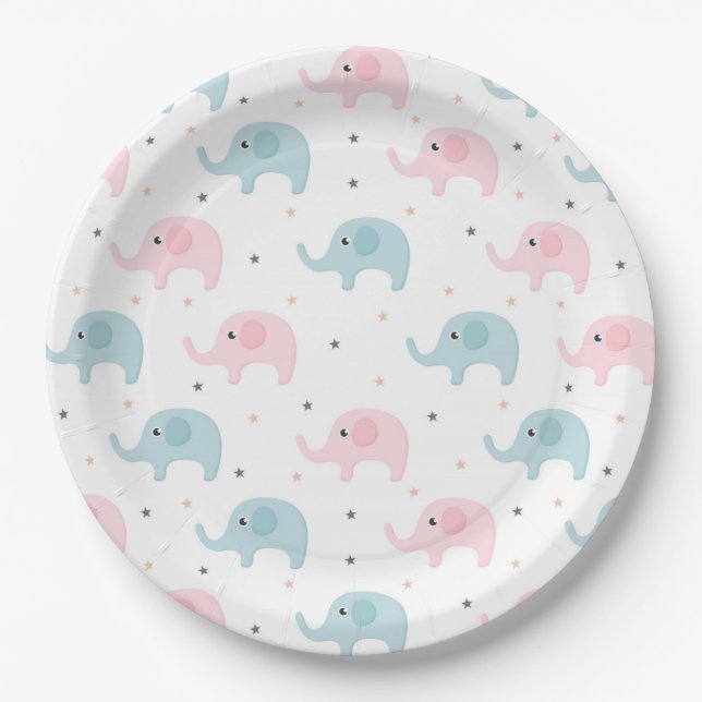 Pink Blue Elephants Baby Girl Boy Baby Shower Paper Plate (Front)
