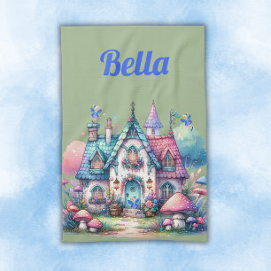Pink & Blue Fairy Cottage Core Monogram on Green   Tea Towel