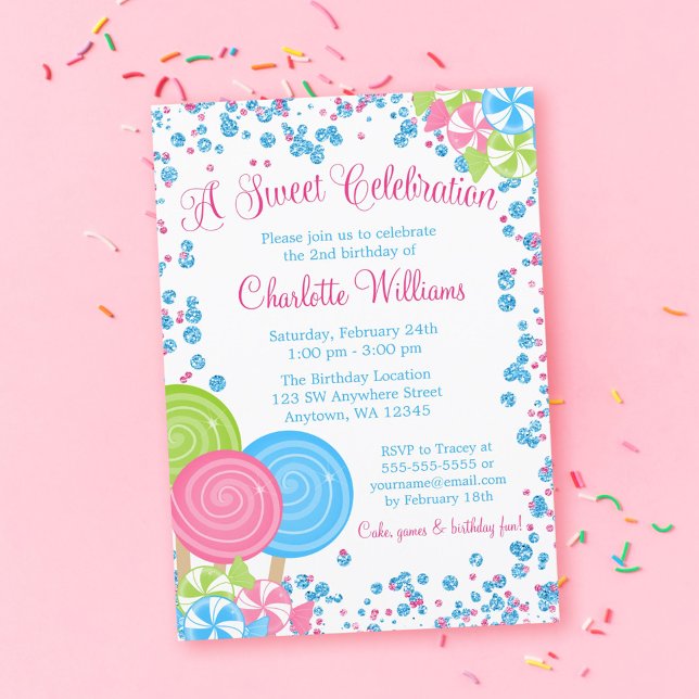 Pink Blue Faux Glitter Candy Birthday Invitations (Creator Uploaded)