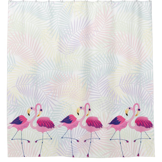 Pink & Blue Flamingos Illustration Shower Curtain (Front)