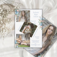 Pink Blue Floral 4 Photo Flat Announcement Card